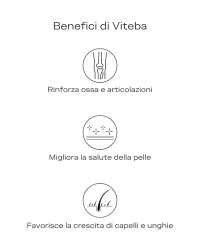 Benefici del Collagene Viteba: Rafforza ossa e articolazioni, migliora la pelle e favorisce la crescita di capelli e unghie.